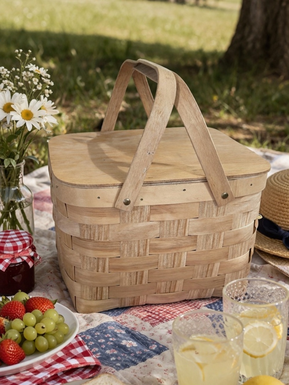 Vintage Woven Wooden Wicker Picnic Basket